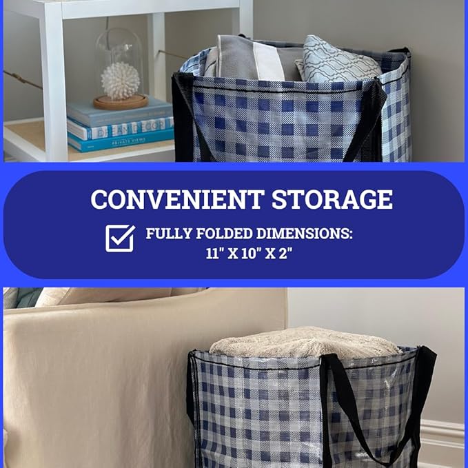 DURASACK Heavy Duty Storage Tote Bag 22-Gallon Rugged Woven Polypropylene Moving Bag, Reusable Self-Standing Design, Holds up to 500 Pounds, Pack of 4, Gingham Blue