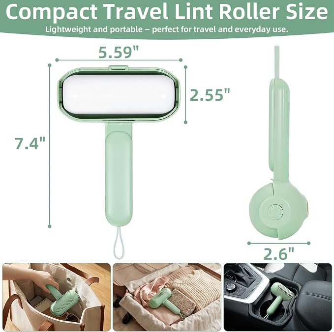 Reusable Lint Roller for Pet Hair Extra Sticky, Washable Silicone Lint Roller Reusable for Clothes, Mini Travel Size Portable Sticky Lint Roller with Handle & Hanging Loop, Green 1 Pack