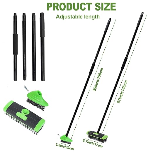 3 in 1 Scrub Brush with Long Handle – Your All-Purpose Deck Brush, Weeding Tool & Concrete Scrubber Tackle Patio Weeds, Floor Stains, Moss, and Rust with one Versatile Set. (Green)