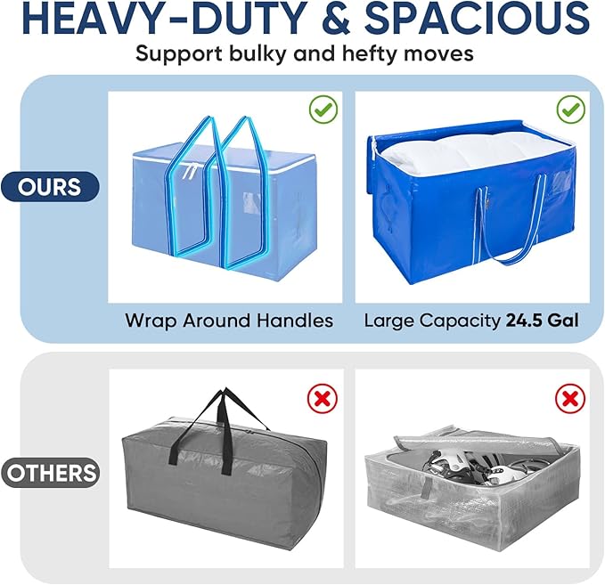 BALEINE 8-Pack Oversized Moving Bags with Reinforced Handles, Heavy-Duty Storage Tote for Clothes, Moving Supplies (Royal Blue, 8-Pack)