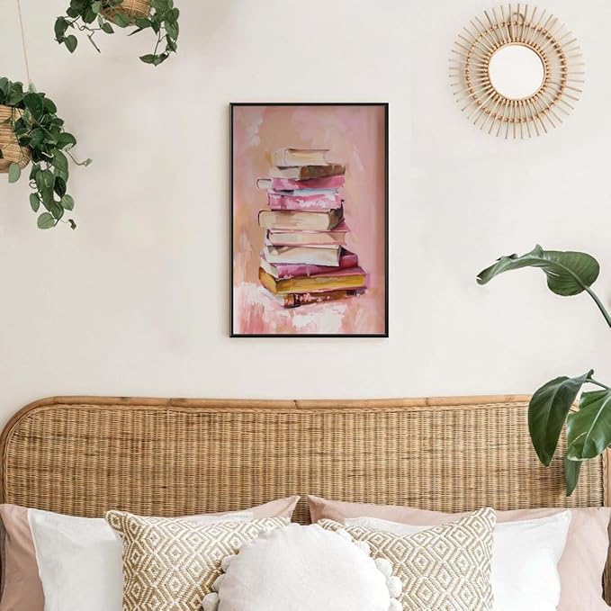 Pastel Book Stack Art Aesthetic Poster Canvas Wall Art Decoration Living Room Home Decor Bedroom Decoration Poster black framed16x24inch