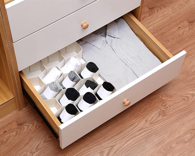 Honeycomb drawer organizer and divider, underwear, socks, tie sorter, office supplies and sundry sorting 32 pieces (White)