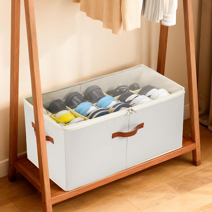 2-Pack Extra Large Shoe Organizer for Closet, Foldable Shoe Storage Container with Adjustable Dividers & Clear Lid, Holds Up to 18 Pairs, Space-Saving Shoe Boxes, White