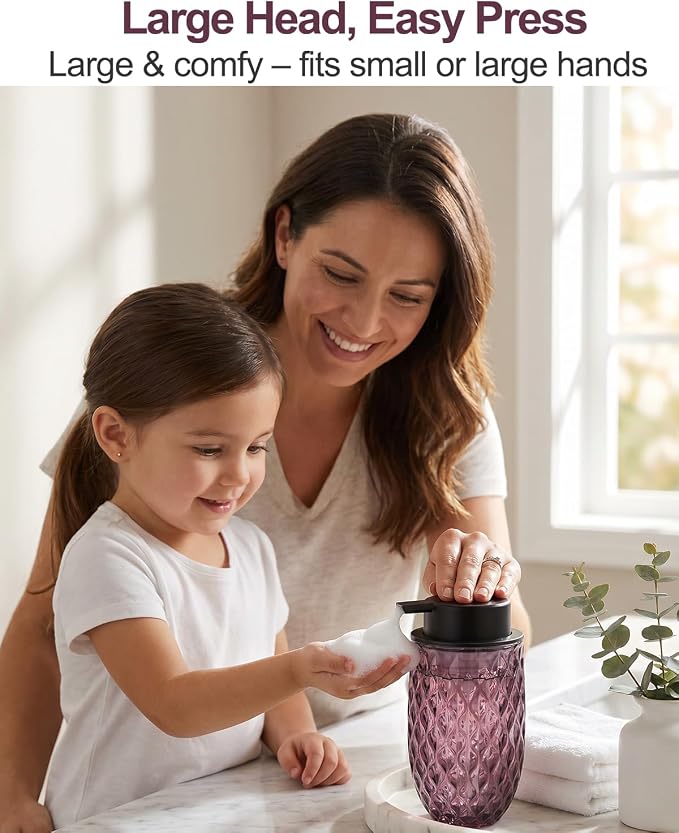 Glass Foaming Soap Dispenser, Purple Embossed Foam Hand Soap Dispenser | 2PCS Refillable Foaming Soap Bottle, with Black Pump for Bathroom, Kitchen, Elegant Modern Home Decor, 12 OZ Large Capacity