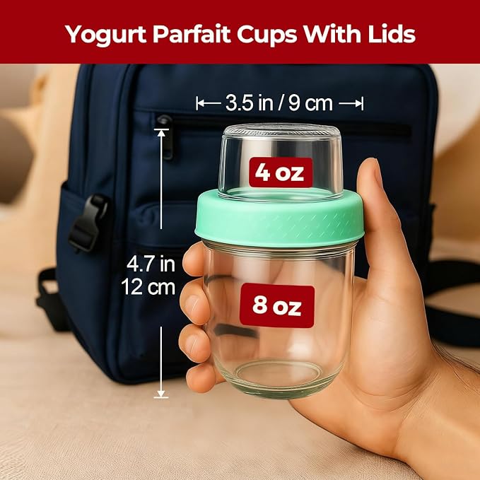 8+4 oz Glass Parfait Cups with Lids 4 Pack Yogurt Container Reusable | Dry Wet Separation, Overnight Oats Containers,Chia Pudding,Nuts, Fruit,Granola Toppings,Meal Prep Jars