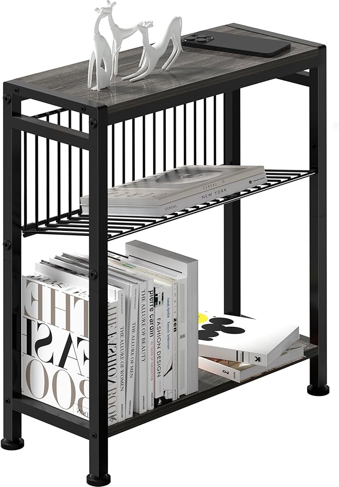 Side Table for Small Spaces, Narrow End Table with Magazine Holder, 2 in 1 Design Slim Side Table, Skinny Nightstand for Living Room Bedroom, Thin Side Magazine Table, Grey