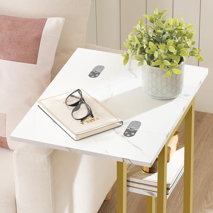 HOOBRO Foldable C Shaped End Table, C Shaped Side Table with Storage Shelf, Small Snack Table, Slide Under Couch Table for Sofa, Living Room Bedroom Small Spaces Easy Assembly, Gold DM29SF01