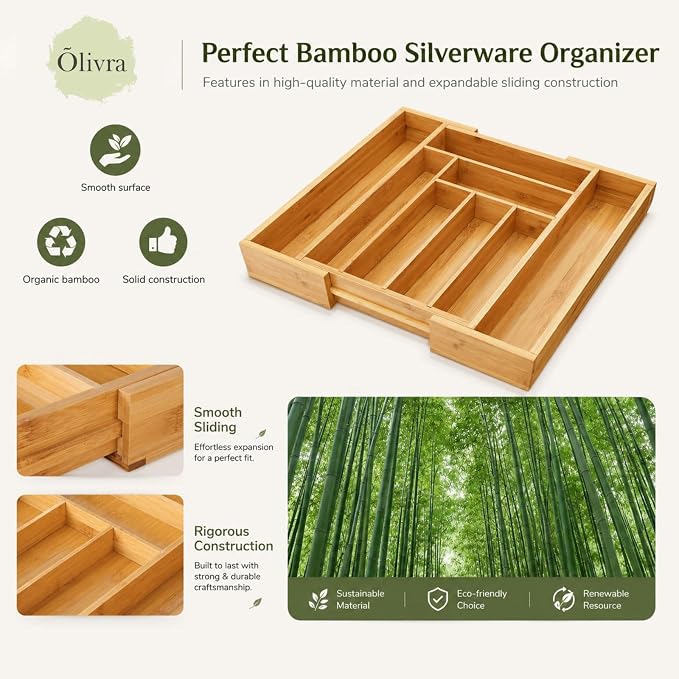 Bamboo Expandable Drawer Organizer for Utensils Holder, Adjustable Cutlery Tray, Wood Drawer Dividers Organizer for Silverware, Knives in Kitchen, Bedroom, Closet, Office, Tools