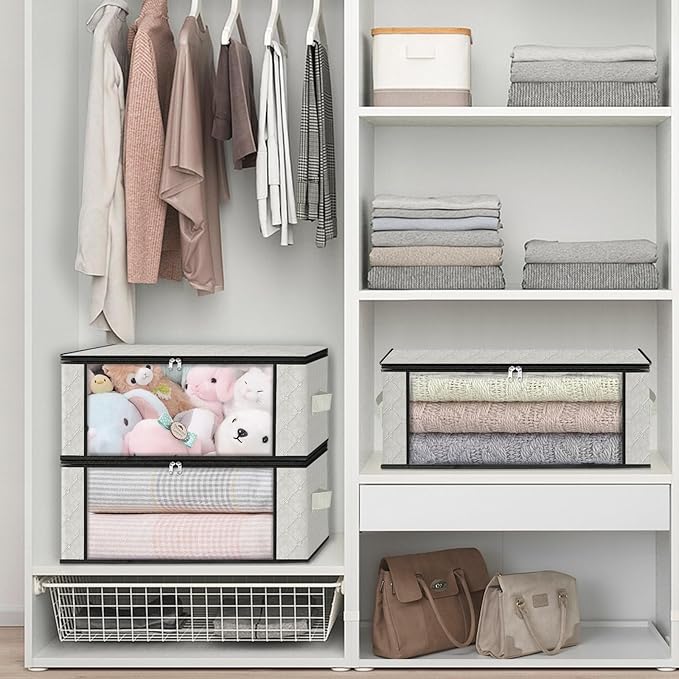 HomeHacks Storage 3-Pack Clothes Organizer Storage Bags Foldable Storage Box with Large Clear Window Sturdy Handles for Closet, Dorm, Pillows, Bedding, Clothes, Blankets, 35L, Ivory