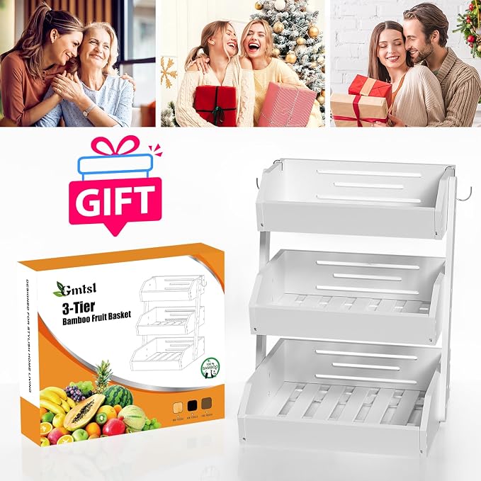 Gmtsl Bamboo Fruit Basket for Kitchen, Fruit Holder for Kitchen Countertop | 3 Tier Fruit bowl for Kitchen Counter, Fruit Stand, Vegetable Basket Storage, Produce Organizer, Bread Snack Display(White)