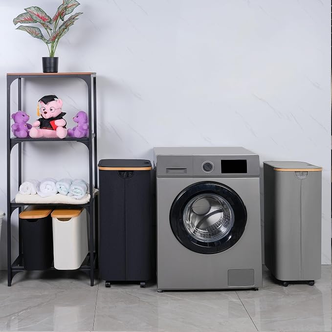IEGrow Laundry Basket with Wheels 110L Clothes Hamper for Laundry,Black | Laundry Hamper with Lid and Bamboo Frame, for Laundry Room, Bedroom, Dormitory Storage