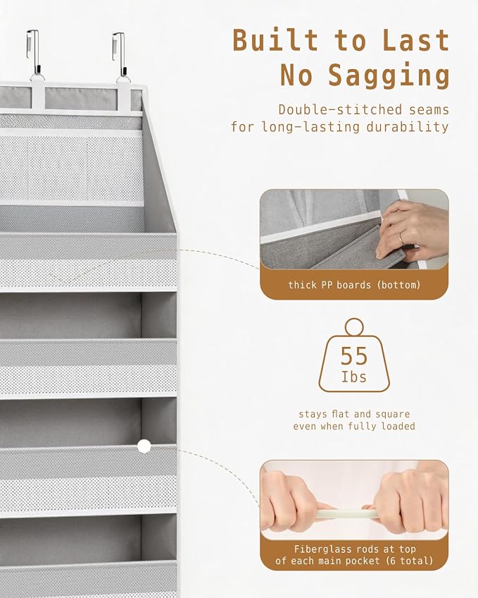 KMSCO Over The Door Organizer, 6 Large Pockets + 13 Mesh Side Pockets, Hanging Storage, 55lbs Capacity, Heavy Duty Non-Woven Fabric for Baby Nursery, Bathroom, Pantry, Closet, Grey, 2 Pack