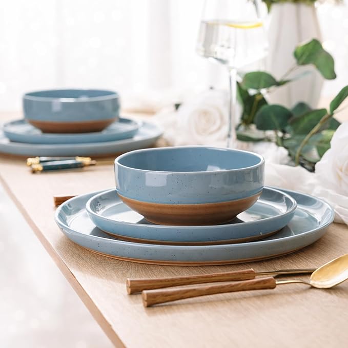 AmorArc Ceramic Dinnerware Sets for 8, 24 Pieces Handpainted Plates and Bowls Set with Rustic Terracotta Underside, Scratch Resistant Stoneware Dishes Set, Dishwasher & Microwave Safe, Stone Blue