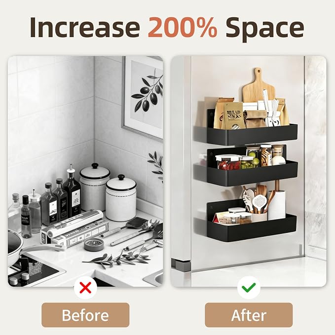 1 PACK Magnetic Spice Rack for Refrigerator Black Space Saving Storage Organizer with Rust Resistant Material Strong Magnetic Design Perfect for Small Kitchens (BLACK, 1PACK)