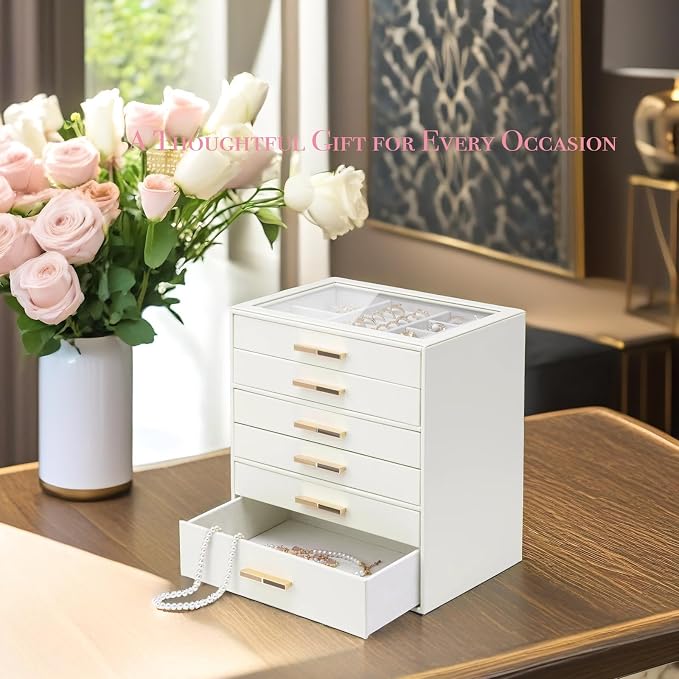 VLANDO 6-Drawer Jewelry Box with Glass Lid, Faux Leather Organizer for Rings Earrings Necklaces and More, Gift-Ready Jewelry Case for Women Girls or Moms, Beige