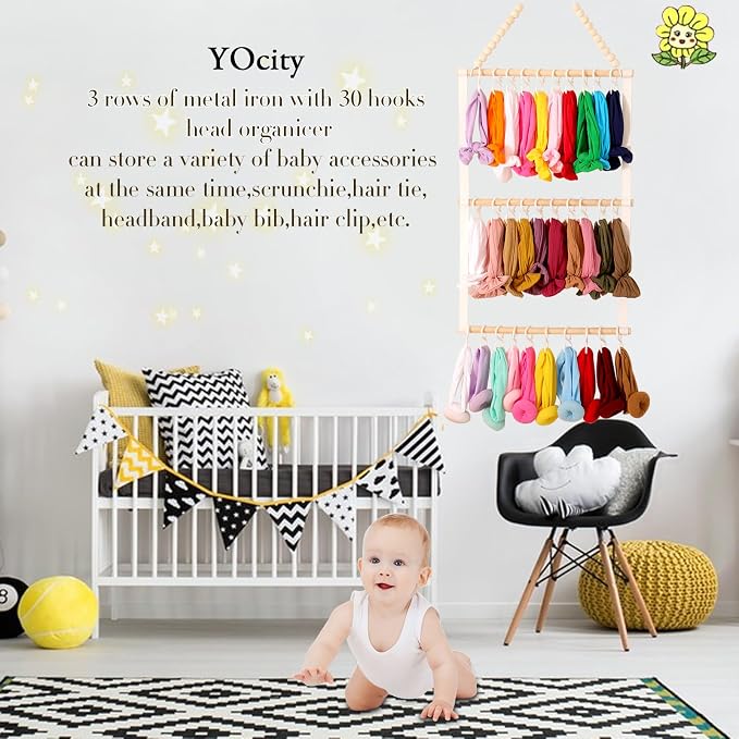 YOcity Headband Holder Organizer for Girls Baby Headbands Hair Accessories Organizer Hair Bows Storage Hanging Decor for Nursery Toddler Girls Room (Beige)