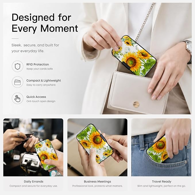 Credit Card Holder Sunflowers Mini Aluminum Wallet for Women Men | Slim Design, RFID Blocking, Metal Business ID Case