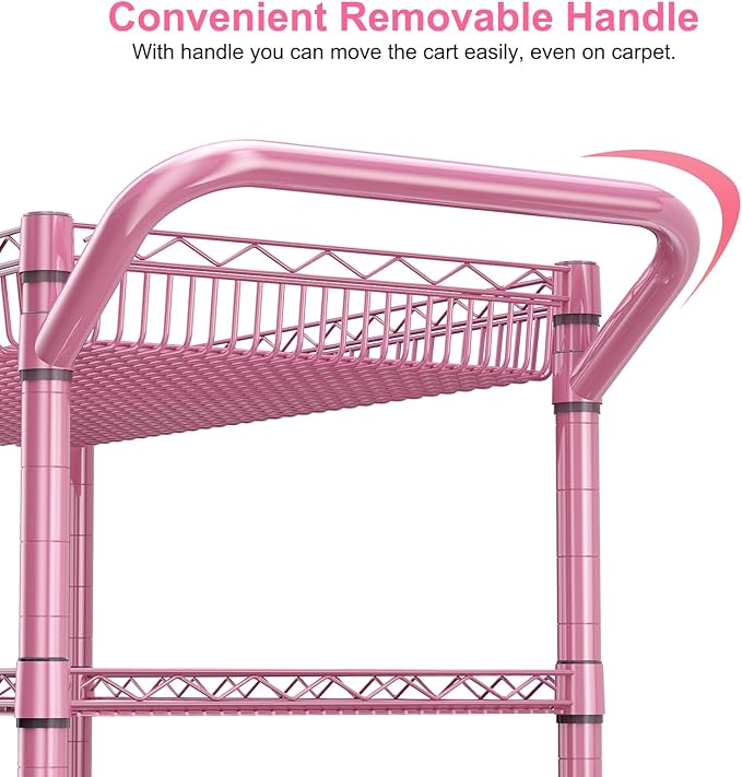 WDT Pink Rolling Utility Cart with Wheels, 990Lbs Heavy Duty Metal Cart with Handle & Shelf Liners, NSF Certified 3-Tier Storage Trolley for Esthetician, Kitchen, Salon & Craft Room, Pink