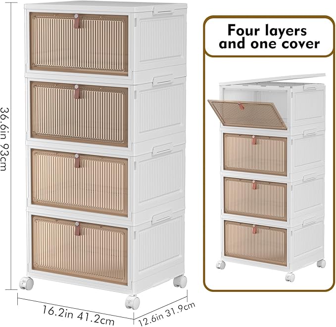 4 Tier Plastic Storage Bins with Lids 28QT, Stackable, Wheeled, Collapsible, Closet Organizers for Living Room, Office, Dorm