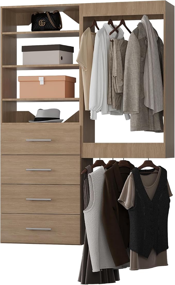 ROOMTEC Modular Closet System, 40" Wall-Mounted Closet Organizer with Drawers and Hanging Rods, Wooden Tower for Walk-In Closets, Wardrobe Storage Kit, Wood