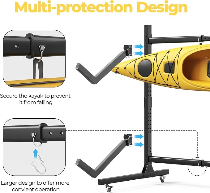 Freestanding Adjustable Kayak Storage Rack, 1 Side 2 Layers Kayak Bracket, Durable Kayak Rack with Lockable Wheels for Indoor, Outdoor, Garage, Shed, Dock