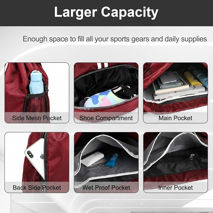 Hoedia Sports Drawstring Backpack - Swim Gym Bag for Women and Men | String Bag with Shoes Compartment and Wet Proof Pocket, Adjustable Wider Shoulder Strap, For Soccer, Basketabll, Volleyball