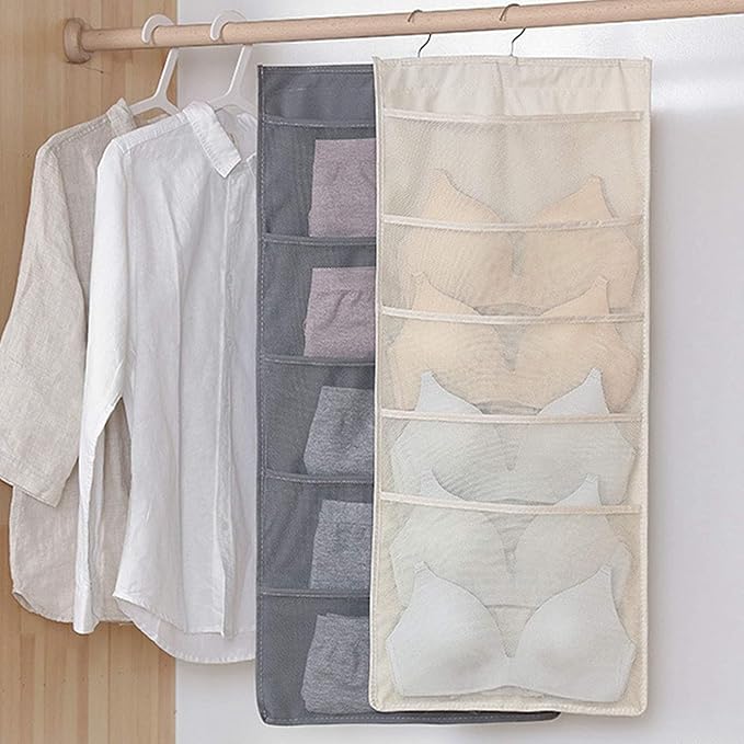 Bra and Underwear Hanging Storage Organizer Mesh Pockets Dual Sided Wall Shelves Space Saver Bag Sock Underpants Drawer Closet Clothes Rack (Pink:(6+18pockets))