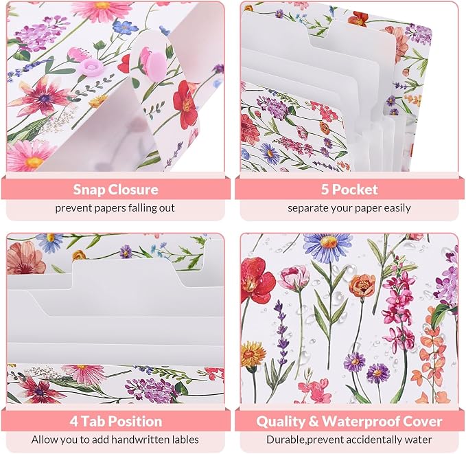 SKYDUE Accordion File Organizer, Floral Expanding File Folders with 5 Pockets, Cute Document Organizer for Paper Bills Receipt Storage, School Office & Hospital Supplies Letter/A4 Size White