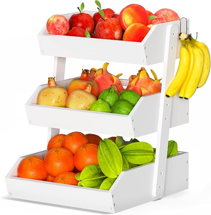 Gmtsl Bamboo Fruit Basket for Kitchen, Fruit Holder for Kitchen Countertop | 3 Tier Fruit bowl for Kitchen Counter, Fruit Stand, Vegetable Basket Storage, Produce Organizer, Bread Snack Display(White)