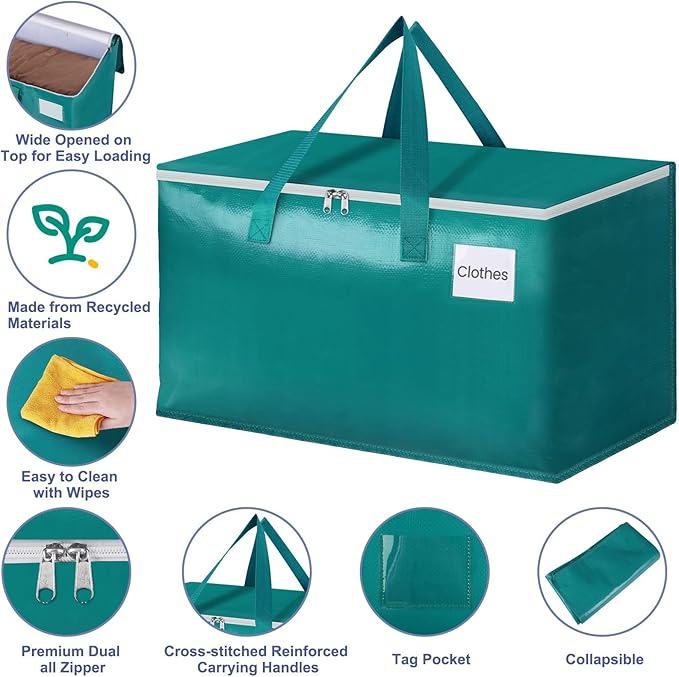 StorageRight Moving Bags-Heavy Duty Moving Boxes, Storage Totes with Zipper, Reinforced Handles and Tag Pocket-Collapsible Moving Supplies for moving, Storage and Travel 93L(Green-10 Pack)
