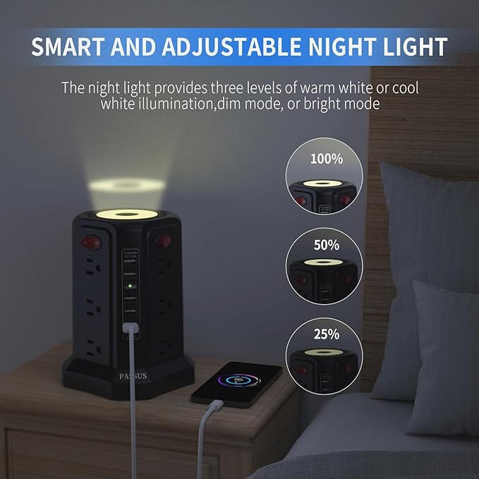 Surge Protector Power Strip with 10FT Cord 1625W|13A, Power Tower with 5 USB Ports and Night Light, PASSUS Outlet Tower with 12 AC Outlets Overload Protection for Home Office DormRoom (Black-13A)