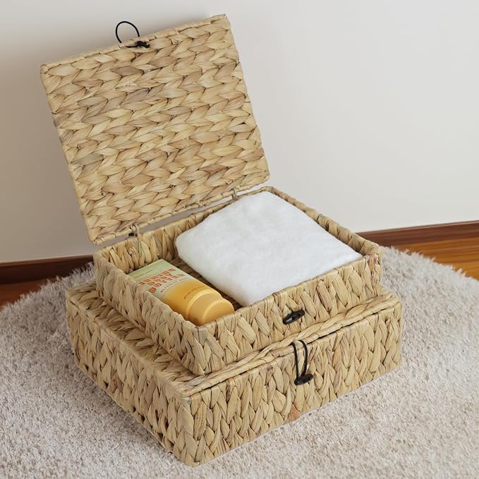Wicker Basket with Lid, Set of 2 Decorative Storage Baskets Bins Boxes, Water Hyacinth Woven Basket for Storage, Flat Shelf Baskets for Organizing Home Decor