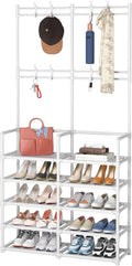 Laiensia 5-Tier Entryway Coat Rack, Coat and Shoe Rack, Entryway Bench Storage Organizer with 8 Hooks for Bedroom, Hallway, Office, White