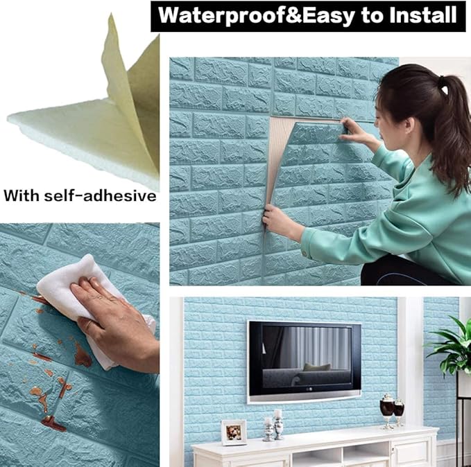 20 PCS Blue 3D Wall Panels, 29 sq.feet Coverage, Printable Wallpaper Sticker with Self-Adhesive Waterproof Brick PE Foam Wall Panels Peel and Stick for Interior Wall Decor, Home Decoration