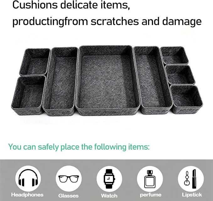 8Pack Drawer Organizer Compatible with Alex, Felt Desk and Makeup Drawer Organizers, Soft Storage Bins for Office, Vanity, Bedroom, and Dresser Drawers