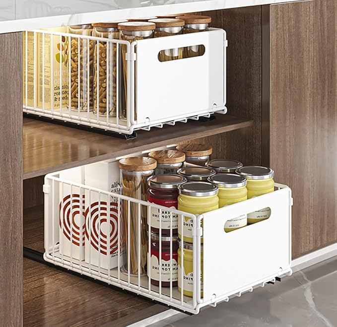 YunNasi Pull Out Cabinet Organizer Slide Out Drawer Storage Shelves Cupboard Organiser Sliding Cabinet Basket for Kitchen No Drilling and Nailing (White, 4Piece 9.8"W X15"D X 7.5"H)