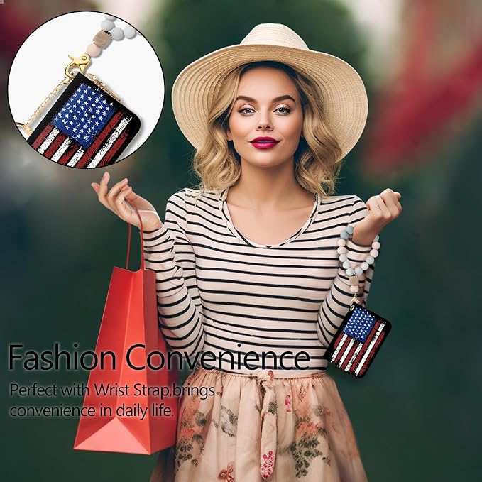 Blusabaca Women's RFID-Blocking American Flag Wallet, Leather, 12 Card Slots, 2 Coins, Zipper Closure, Waterproof | Removable Keychain, Case with Zipper, Vegan PU Leather, Cash Coin Pocket, Business Accordion Purse, Ladies Female Gift