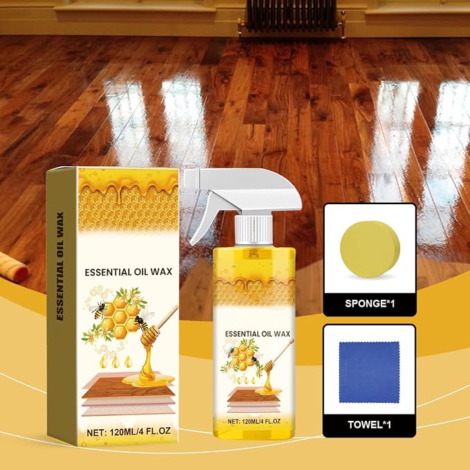 2PCS Beeswax Wood Polish Spray, 2026 New Essential Oil Beeswax Cleaner with Sponge and Towel, Natural Essential Oil Wax Cleaner for living rooms,kitchens,wood furniture floors