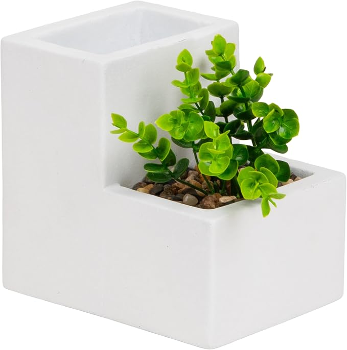 Mind Reader Ceramic Desktop Planter Pencil Cup, Desk Organizer with Faux Succulent, White
