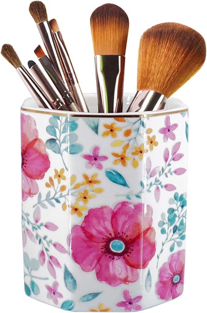 Pen Holder, Makeup Brush Holder Ceramic Shiny Gold Spring Floral Pattern Pencil Cup for Girls Kids Women Durable Stand Desk Organizer Storage Gift for Office, Classroom, Home (Purple Red)