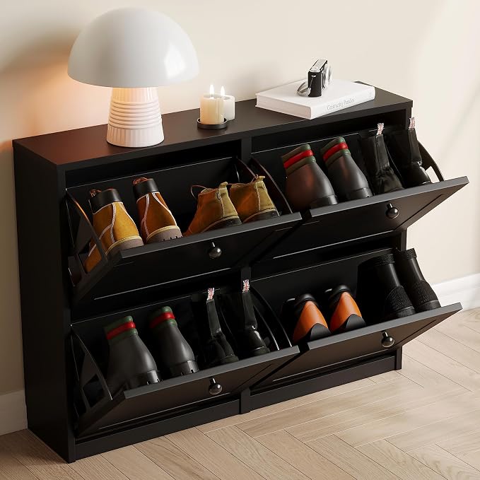 VOWNER Shoe Cabinet with 4 Flip Drawers, Freestanding Shoe Storage Cabinet with Adjustable Shelf & Anti-Tipping Device, Shoe Rack for Entryway, Hallway, Living Room (Black)