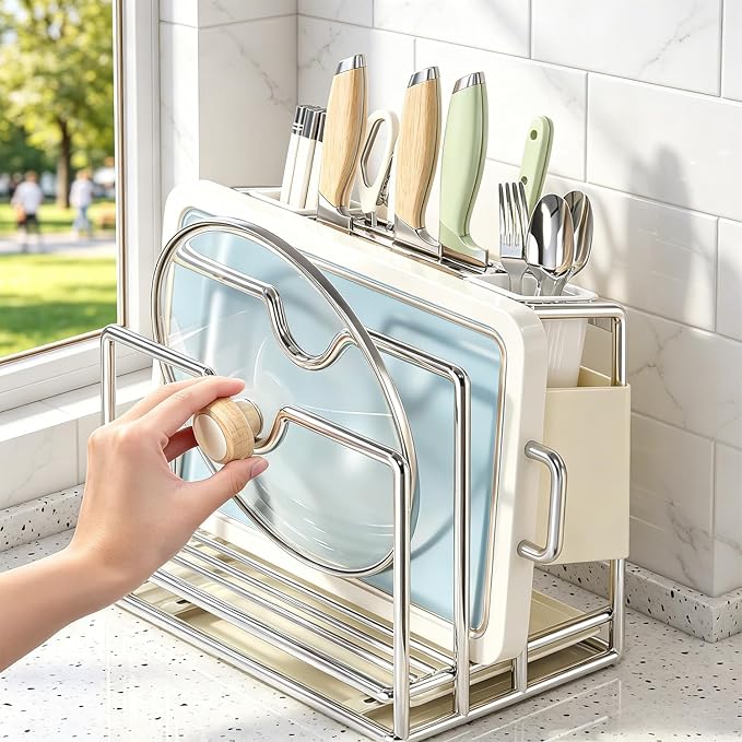 Multifunctional Cutting Board Organizer Large Capacity Knife Holder | Knife Drying Rack Kitchen Countertop Pot Lids Organizer, Knife Block Holder with Drain Tray Utensil Holders Storage Stand