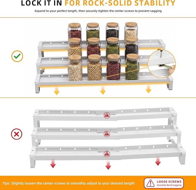 3-Tier Spice Rack Organizer 2 Pack, 13"-21.5" Expandable Spice Organization Shelf, Metal Seasoning Organizer for Kitchen Countertop or Pantry, Slip-Resistant Design for Jars and Bottles, White