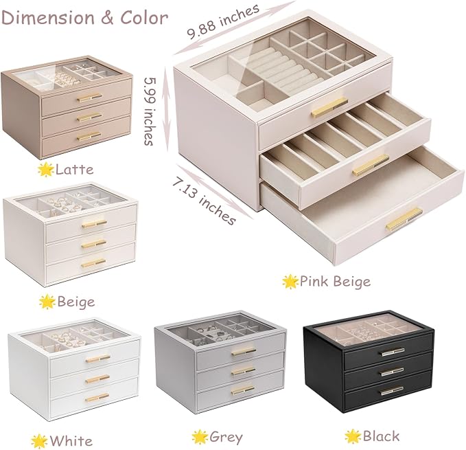 VLANDO 3-Drawer Jewelry Box with Glass Lid, Faux Leather Organizer for Rings Earrings Necklaces and More, Gift-Ready Jewelry Case for Women Girls or Moms, Latte