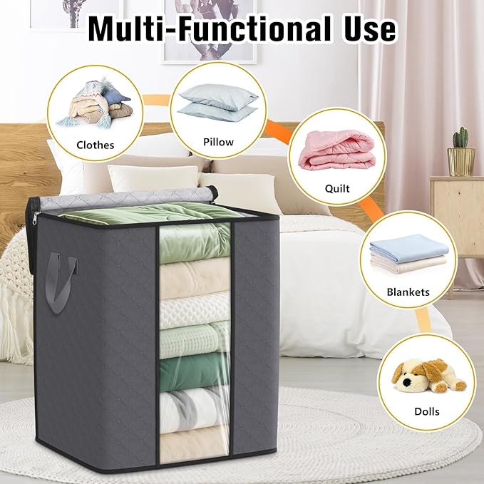 SpaceTrove Clothes Storage Bags, 8-Pack Comforter Blanket Organizers, 80L Large Capacity Containers with Visual Window for Clothing, Quilt, Sheet, Pillow, Closet Organization for Bedding (Grey)