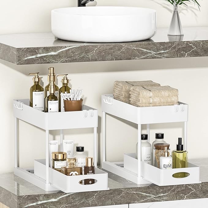 PUILUO 2 Set Under Sink Cabinet Organizer, 2 Tier Storage Under Cabinet Bathroom Under Sink Organizers and Storage Black Under Sink Storage for Bathroom Kitchen