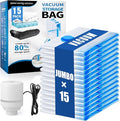 15 Jumbo Vacuum Storage Bags with Electric Pump, Vacuum Seal Bags for Clothing Space Saver Compression Storage Bag Large for Clothing Travel Comforters Blankets Pillows Bedding Duvets Clothes