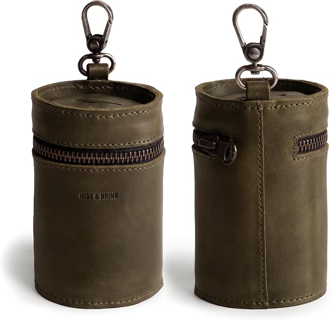 Hide & Drink, Money Box, Piggy Bank Bucket, Zippered Pouch, Cash Organizer, Coin Case, Full Grain Leather, Handmade (Dark Jade)