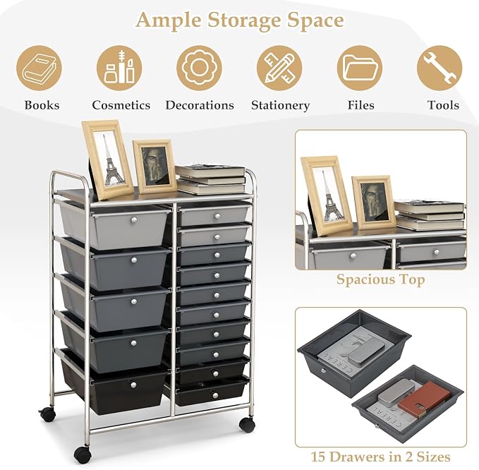 Moccha 15-Drawer Rolling Storage Cart - Under Desk Storage Drawers with wheels for Craft Art Supply Paper Salon, Scrapbook Paper Tools, Mobile Utility Cart for Classroom (15 Drawers, Gradient Grey)