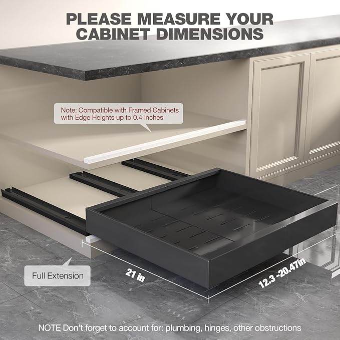 Seinloes 6 Pack Pull Out Cabinet Organizer 21" Deep,Full Extension 3 Slide Rails Slide Out Drawers With Raising Pad for Framed Cabinets,Expandable Width (12.3"-20.5"),No Drill Roll Out Shelves,Black